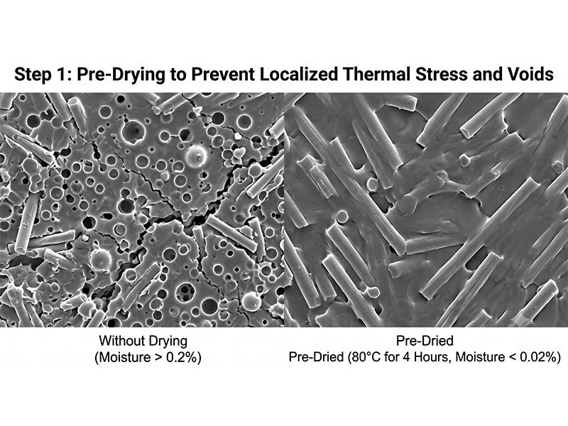 SEM micrograph comparison of wet weld with voids versus pre-dried PA66 GF30 ultrasonic weld joint