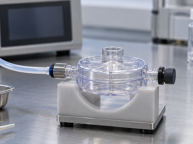 illustration of a pressure decay leak test setup for a plastic filter housing