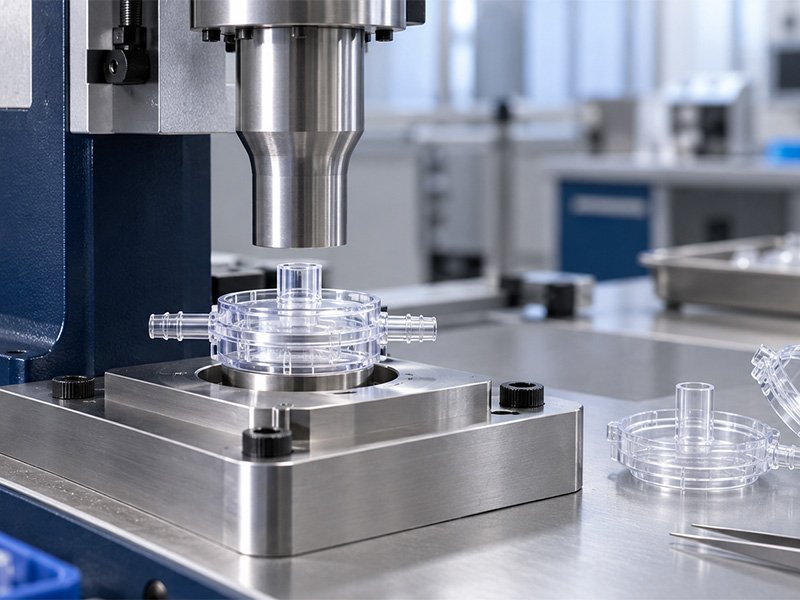 illustration of ultrasonic welding equipment with a clear medical plastic housing