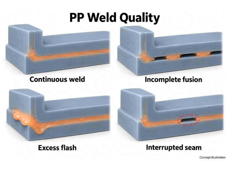 Illustration of polypropylene weld validation using tensile strength testing, leak testing and weld section inspection.