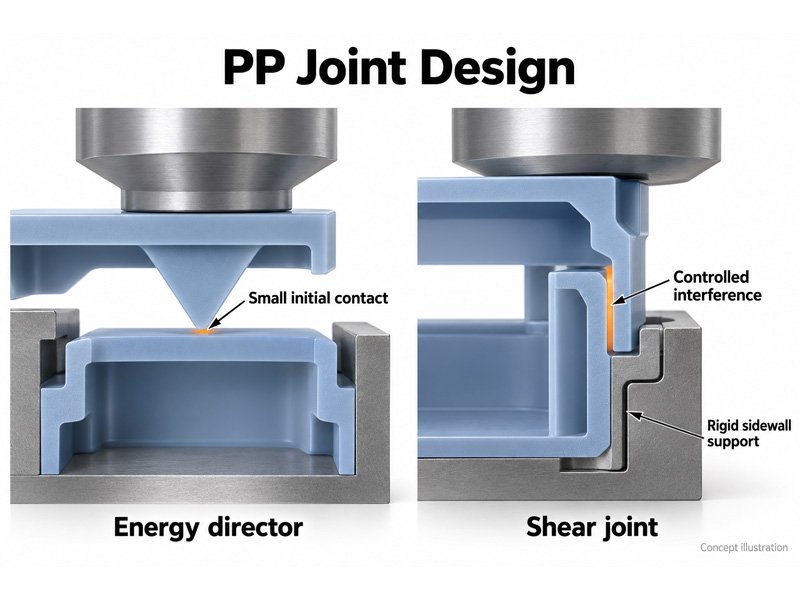 Polypropylene ultrasonic welding joint designs showing an energy director, a shear joint and rigid sidewall support.