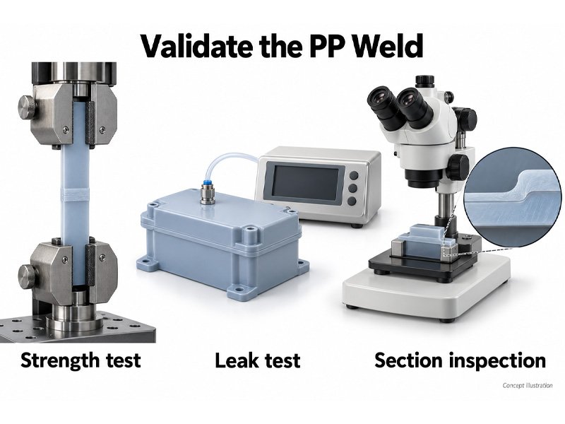 Polypropylene weld sections comparing continuous fusion, incomplete fusion, excess flash and an interrupted seam.